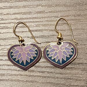 Vintage Laurel Burch Hollyhock Purple & Gold Heart Earrings